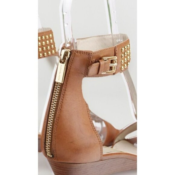 Michael Kors Women's Celena Sandal Size 7 Low Wedge Studded Ankle Strap Cognac - Picture 4 of 9